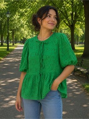 Women's Eyelet Tie-Front Peplum Top - Green